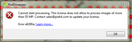 Error e0200a: Cannot start processing - PIX4Dmapper